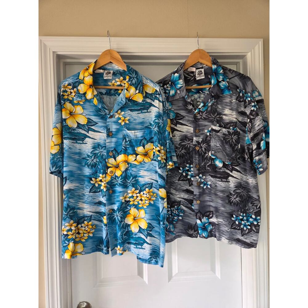 Lot of‎ 2 Kennington Ltd Hawaiian Shirts Men XXL Blue Grey Tropical Hibiscus